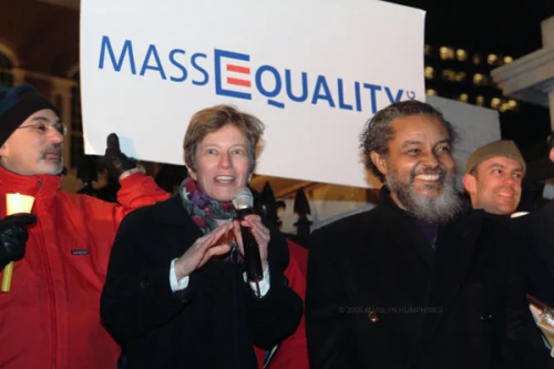 GLAD attorney Mary Bonauto addresses the crowd at the March 10, 2004, MassEquality candlelight vigil. Rep. Byron Rushing, a longtime supporter of the gay community and a leader on the same-sex marriage issue, is standing next to her.